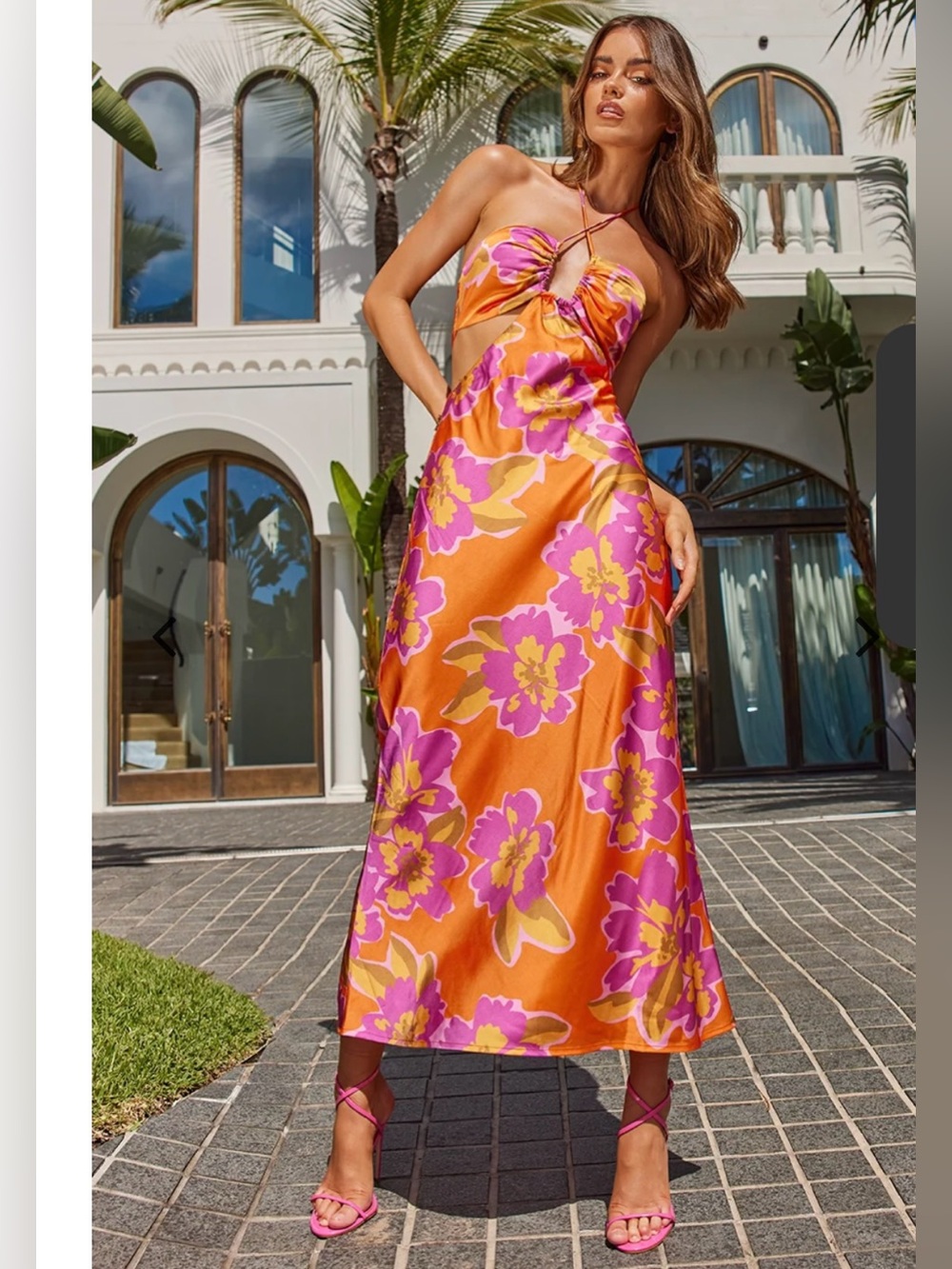 Runaway The Label Orchid Midi Slip Dress in Orange Floral Vacation Tropical Sz M
